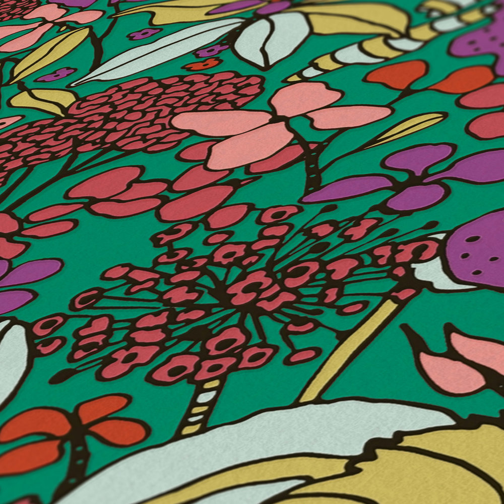             Tapete Blumen Muster bunt im Colour Block Stil – Bunt, Grün, Rot
        