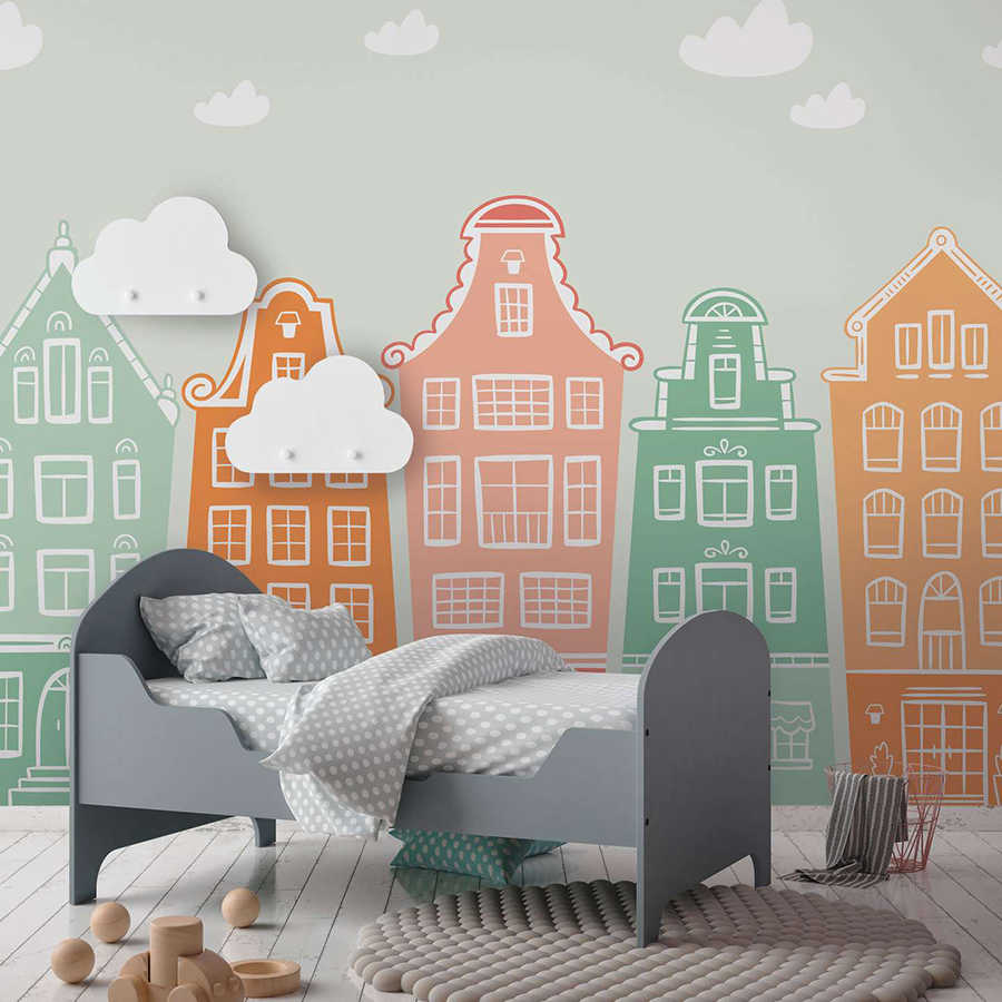 Fototapete Kinderzimmer Kleinstadt mit Häusern – Pastell, Bunt
