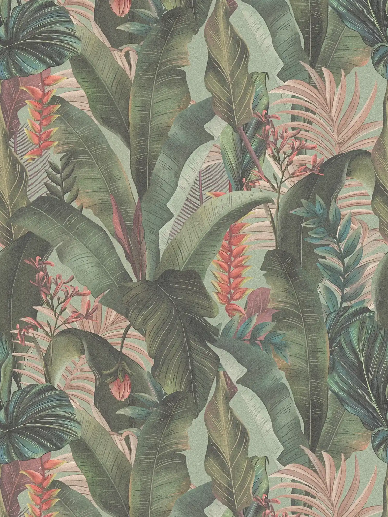 Florale Dschungeltapete mit Palmenblättern & Blüten strukturiert matt – Grün, Rosa, Rot
