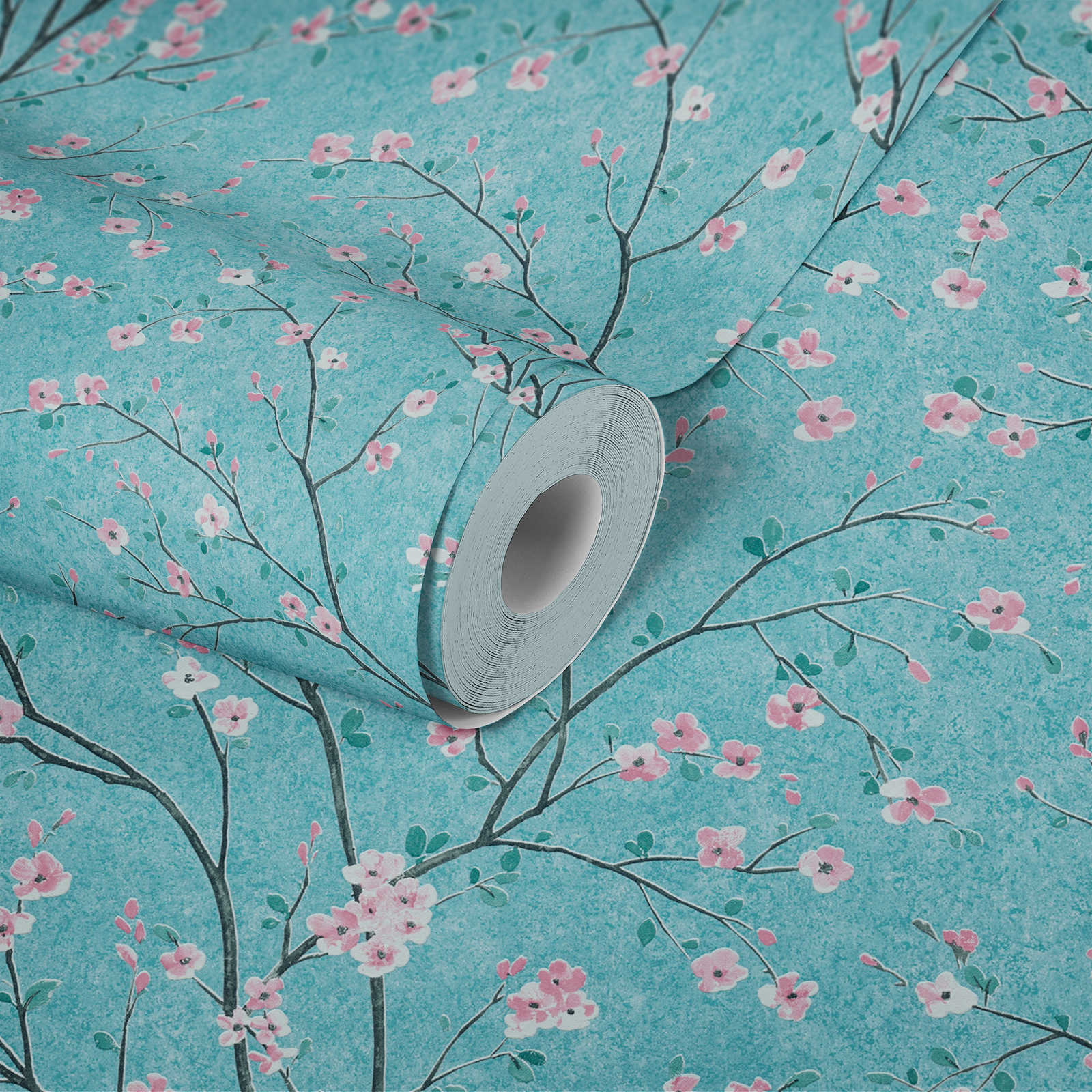            Japanische Kirschblüten Tapete – Blau, Grün, Rosa
        