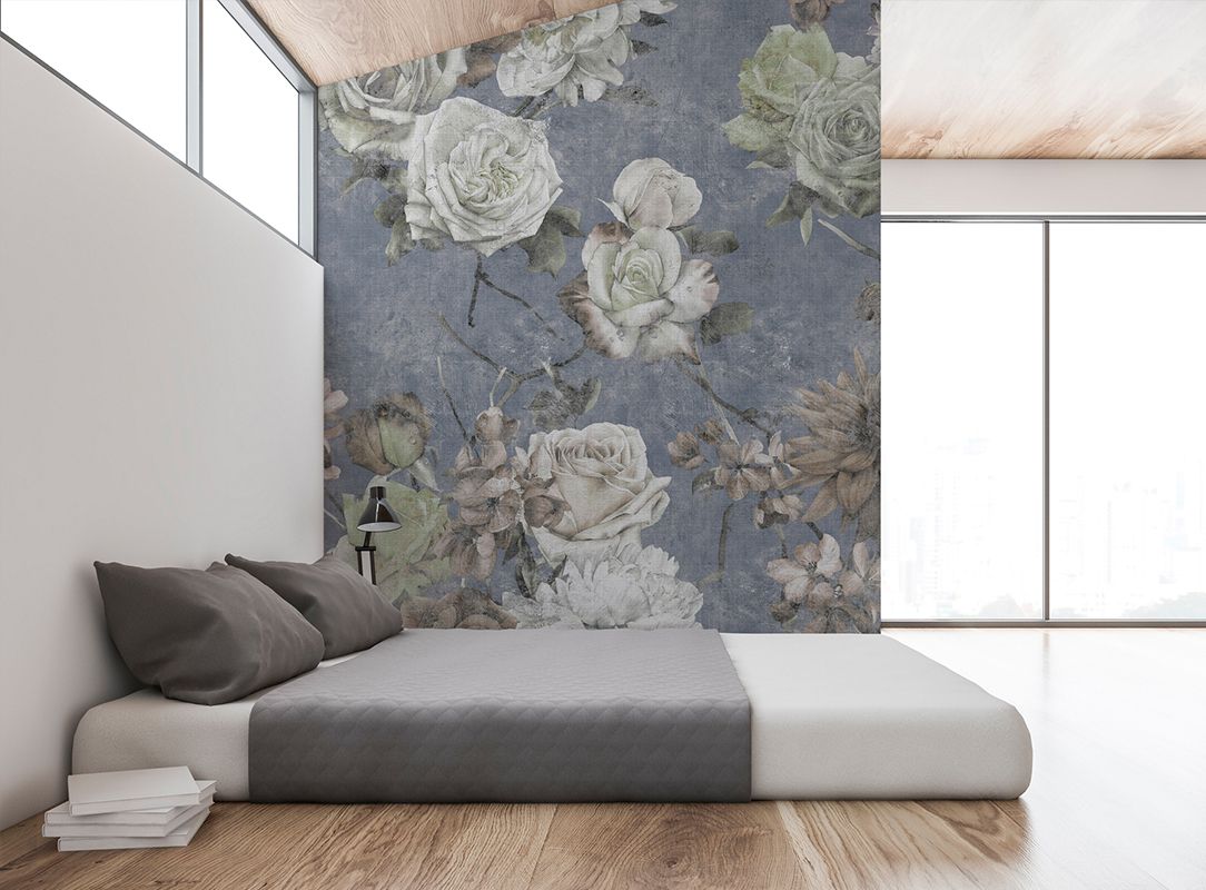 Minimalistisches Schlafzimmer mit floraler Fototapete DD114397