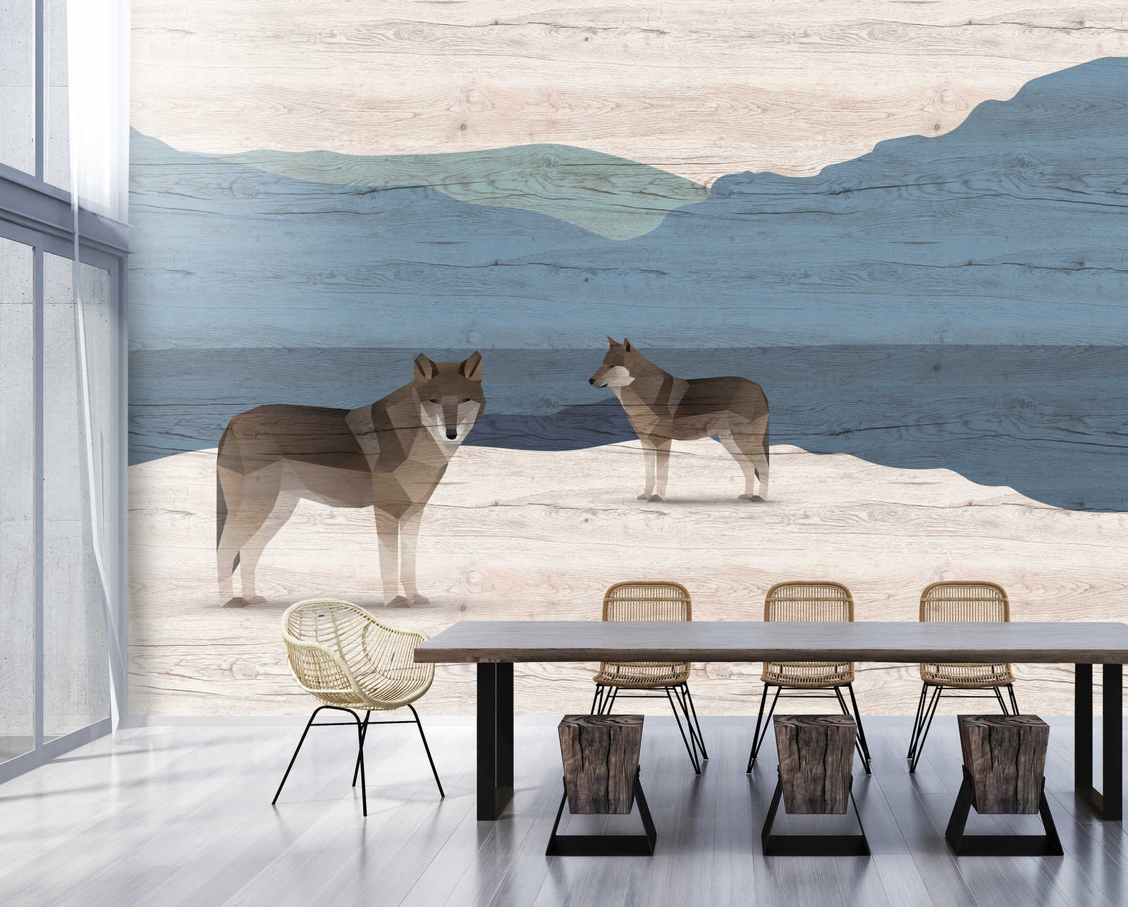             Yukon 1 – Fototapete Berge & Hunde mit Holzstruktur
        
