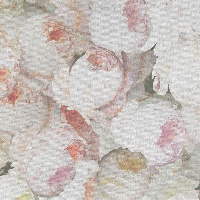 Rosen Fototapete mit Blüten & Leinenoptik – Rosa, Weiß
