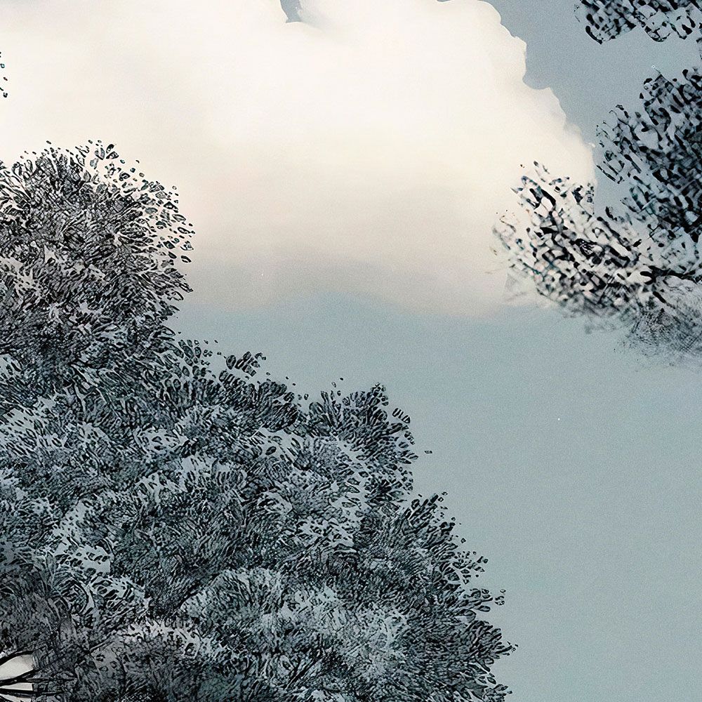             Fototapete »skye 2« - Regenwald vor Wolken – Blau-Grün | Glattes, leicht perlmutt-schimmerndes Vlies
        