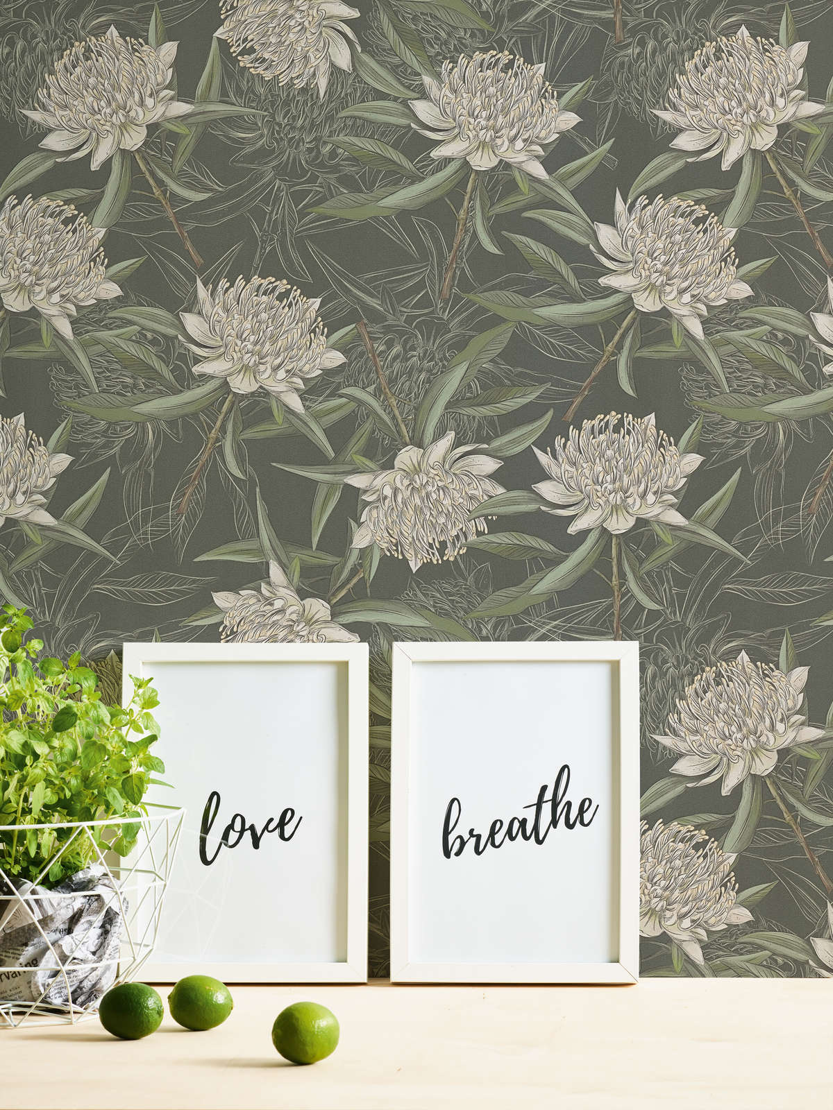             Tapete im floralen Stil mit Blumen & Blättern strukturiert matt – Schwarz, Grün, Dunkelgrün
        