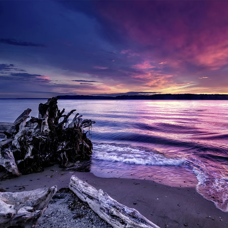         Fototapete Abendlicht am See in malerischen Farben
    