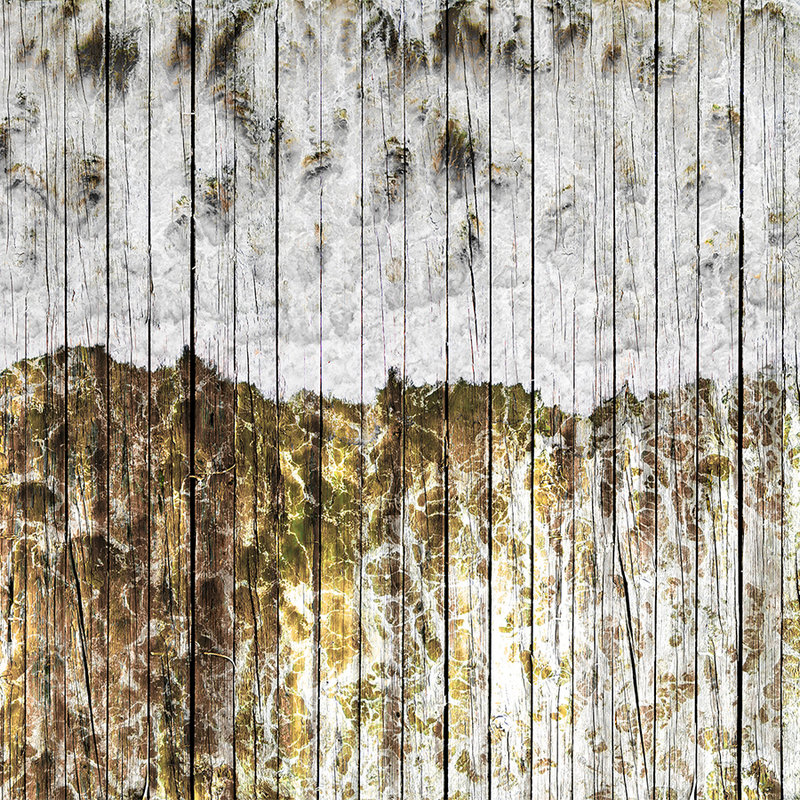 Holzoptik Fototapete mit Brettern & Used-Design – Gelb, Weiß, Grau
