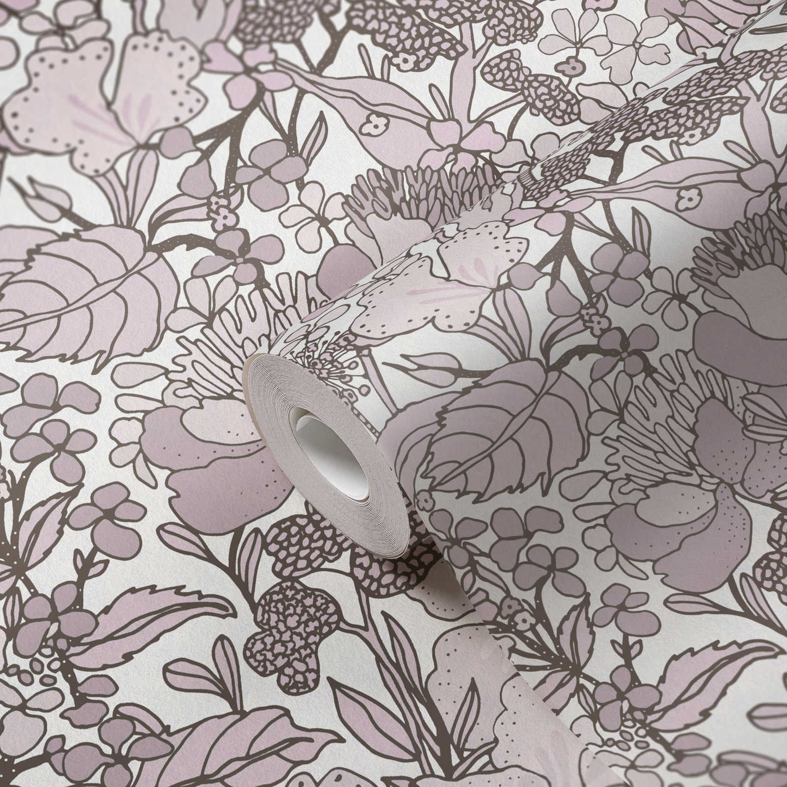             Tapete Grau Beige Blumenmuster im Zeichenstil – Creme, Braun, Weiß
        