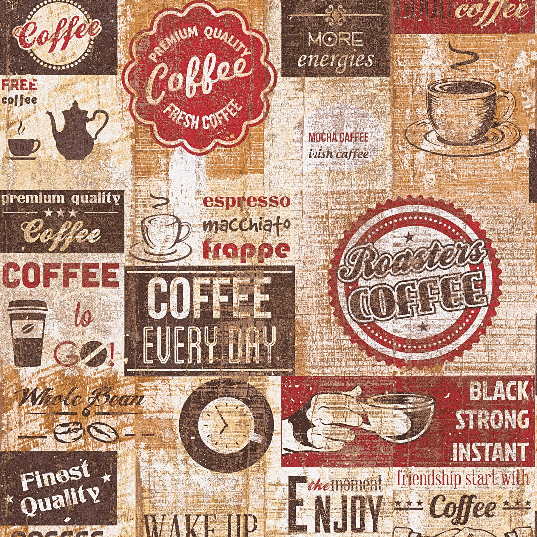         Tapete mit Kaffee-Muster, American Diner Style – Braun, Rot
    