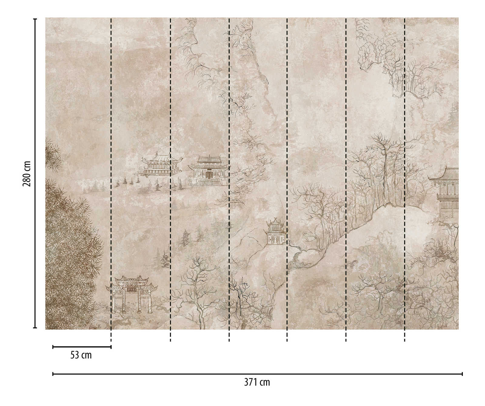             Tapeten-Neuheit – Motivtapete Asien Retro Design mit Landschaft und Pagoden
        