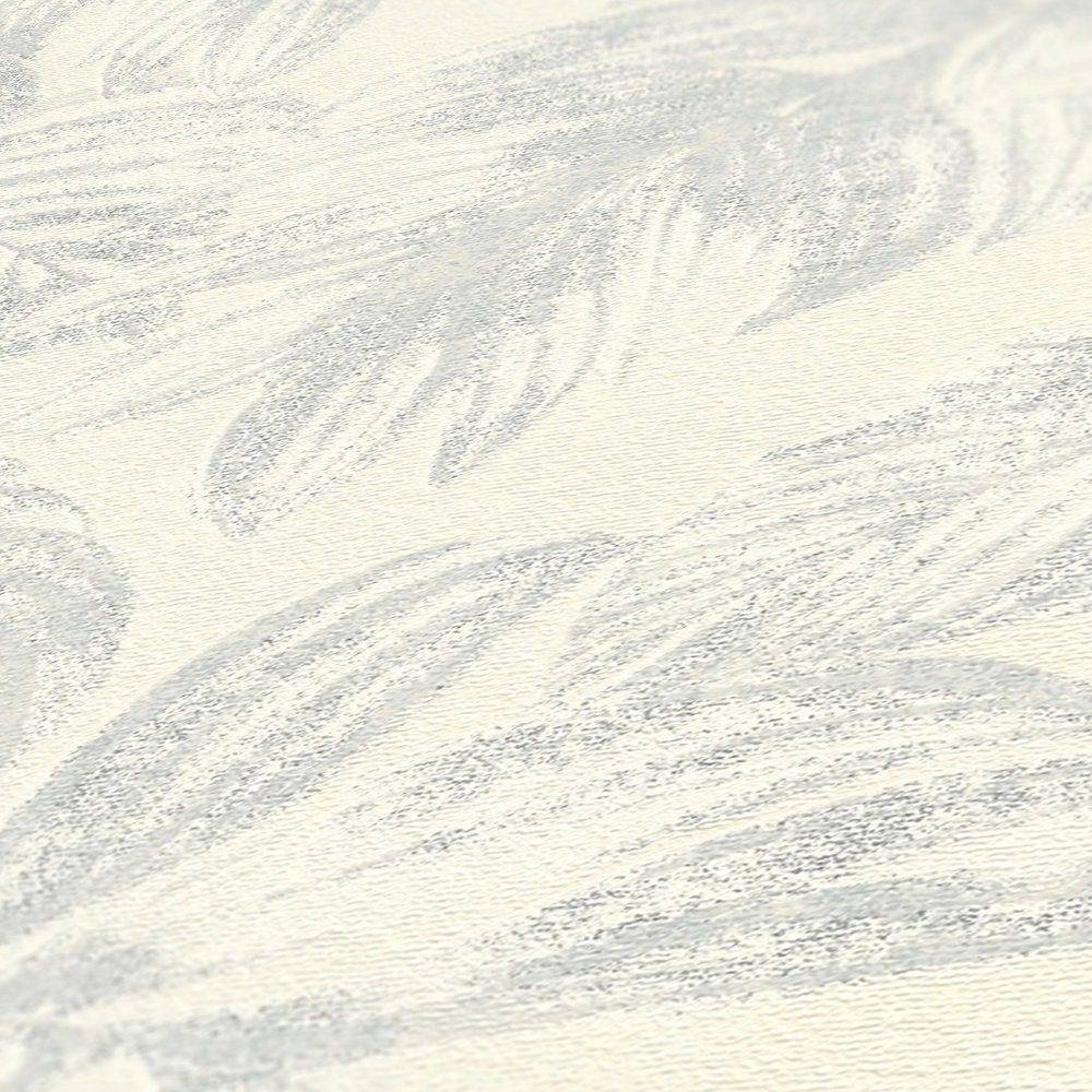             Vliestapete mit Dschungelblätter Muster in sanften Farben – Weiß, Silber
        