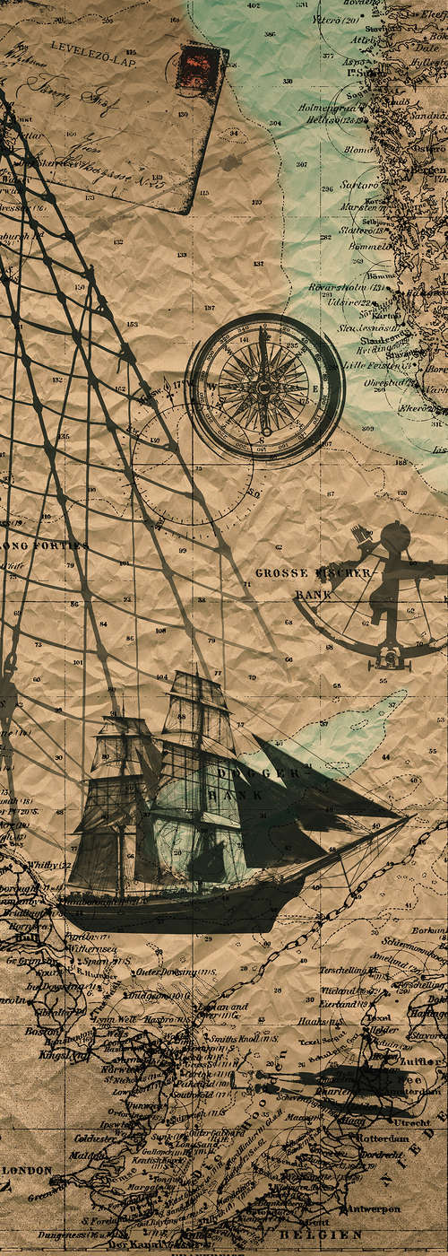             Moderne Fototapete Landkarte mit Segelschiff auf Premium Glattvlies
        