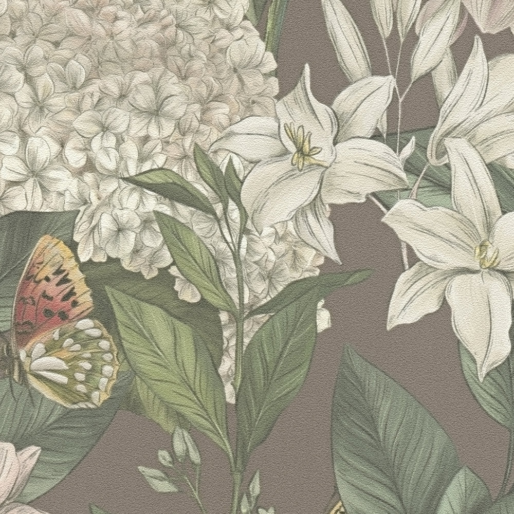             Moderne Tapete floral mit Blumen & Schmetterlingen strukturiert matt – Bordeaux, Rosa, Dunkelgrün
        