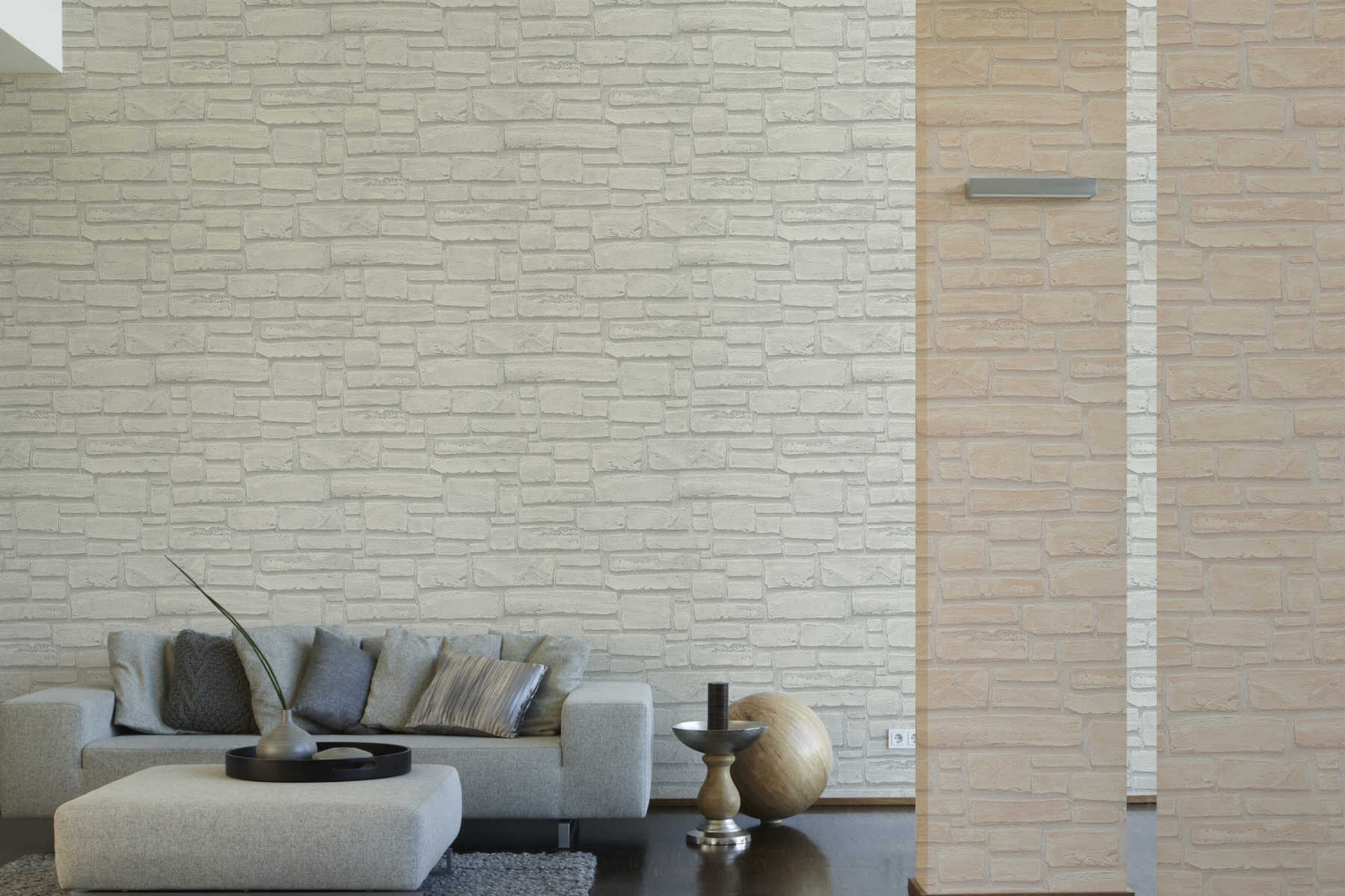             Mauerwerk-Tapete mit hellgrauen Steinen – Weiß, Grau
        
