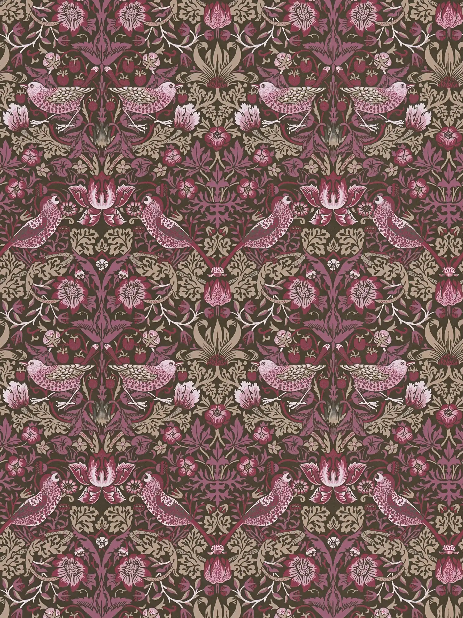 Vliestapete florales Muster mit Vögel & Beeren – Lila , Beige, Schwarz
