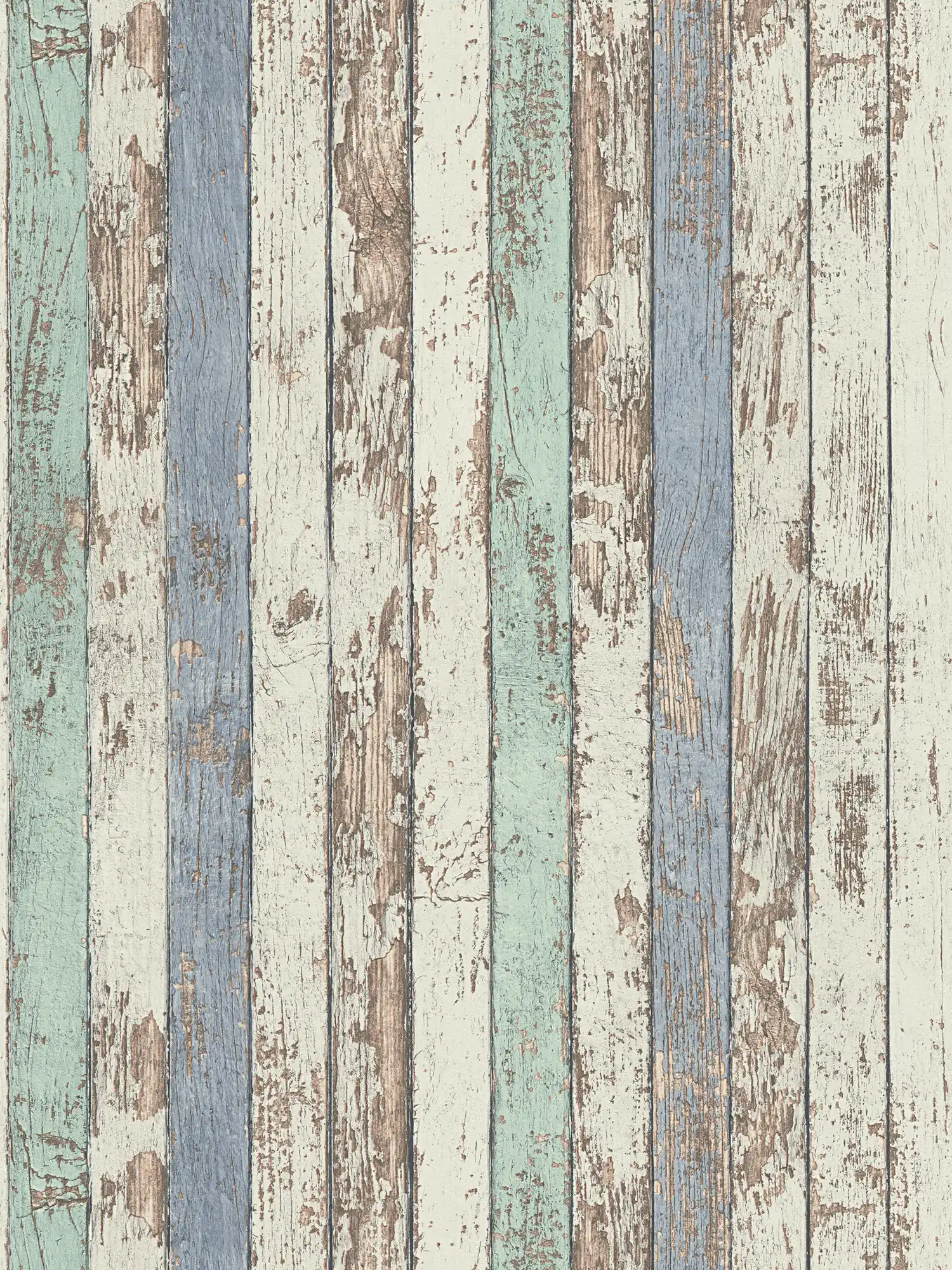 Holztapete mit buntem Brettermotiv im Shabby Chic Stil – Weiß, Braun, Blau
