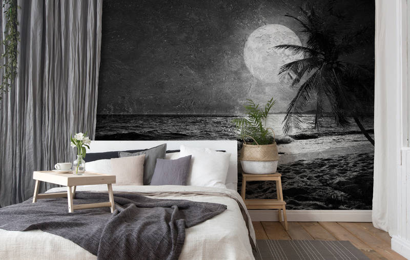             Fototapete Meer & Strand mit Palmen & Mond – Weiß, Grau, Schwarz
        