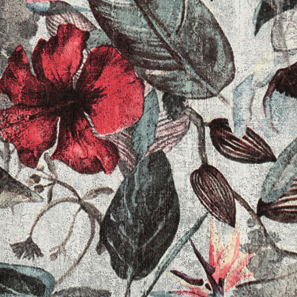             Tapete tropisches Blütenmuster im Textil-Look – Rot, Grün, Gelb
        