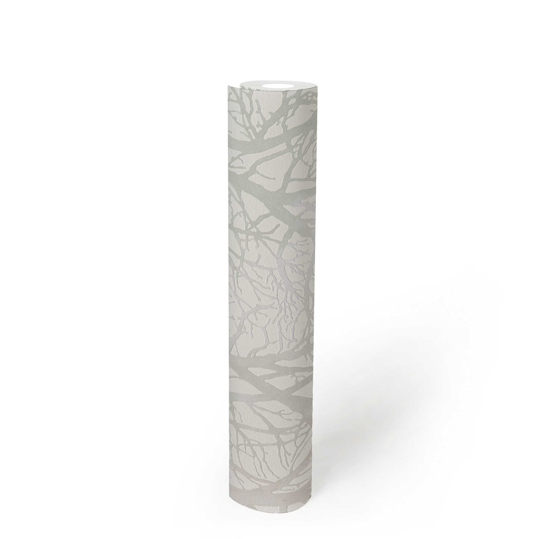             Silbergraue Tapete mit Baum-Motiv und Metallic-Effekt – Weiß, Grün, Silber
        