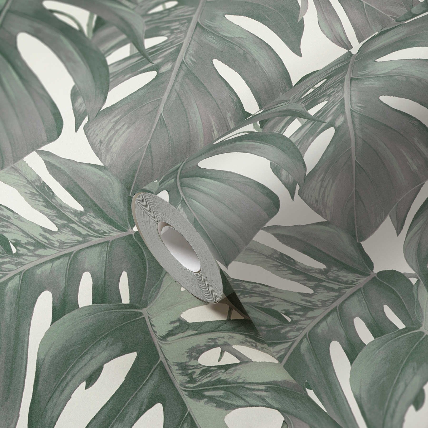             Blätter Tapete tropisches Monstera Muster – Grün, Weiß
        