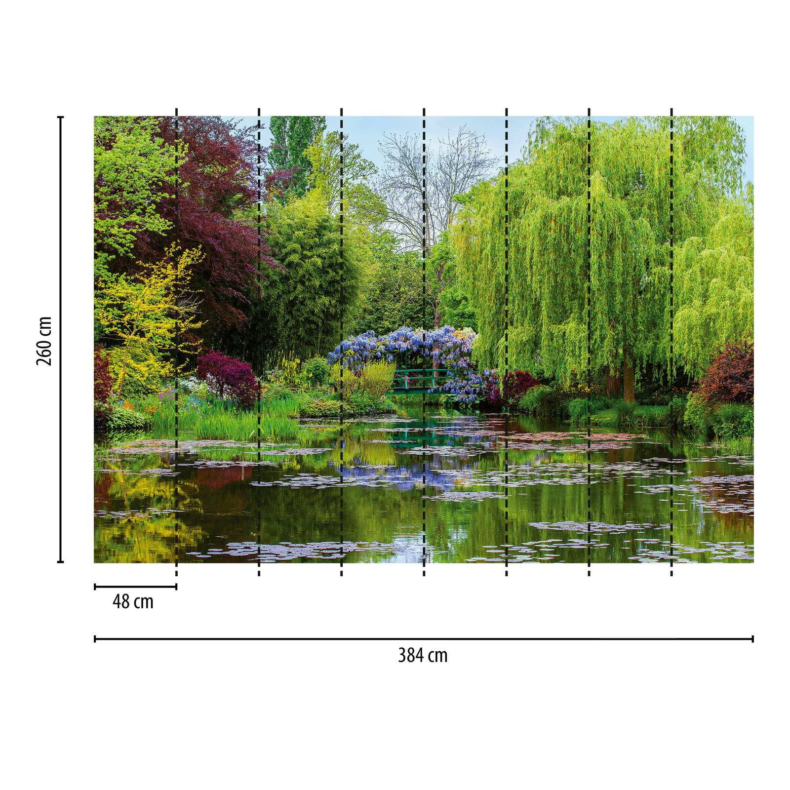             Fototapete Natur Garten mit See – Grün, Rot, Blau
        