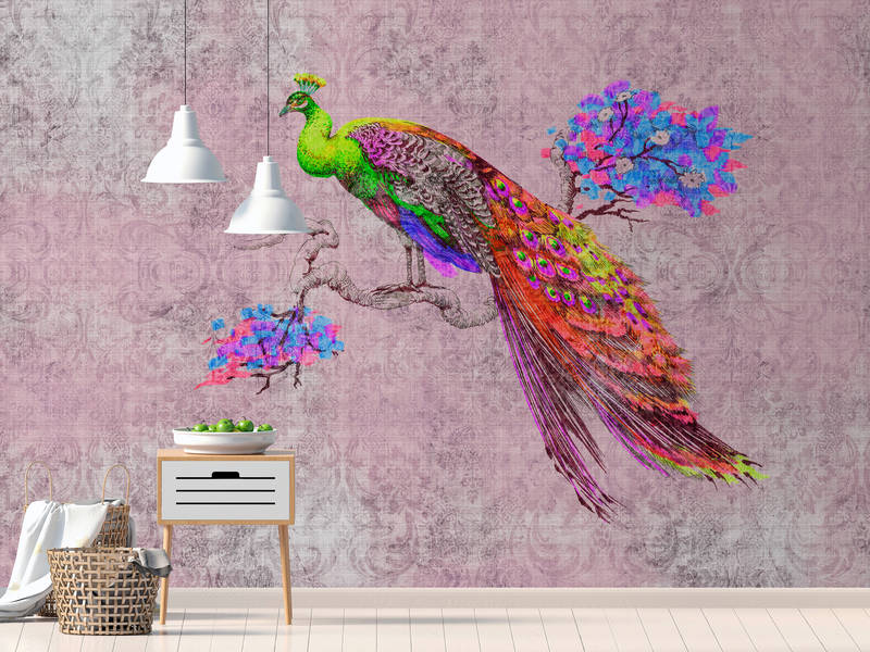             Peacock 2 - Fototapete mit Pfau Motiv & Ornament Muster in naturleinen Struktur – Grün, Rosa | Perlmutt Glattvlies
        