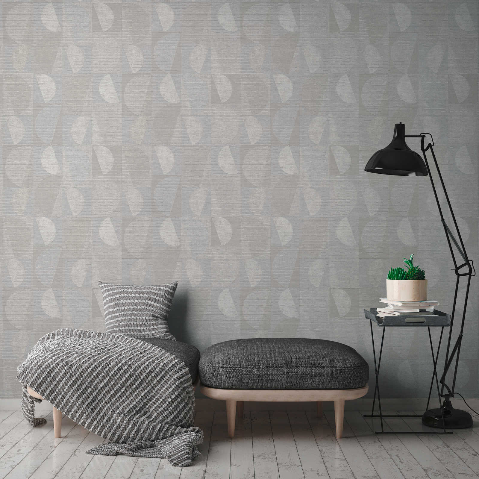             70er Retro Tapete Grafik-Muster & Textildesign – Beige, Grau, Creme
        