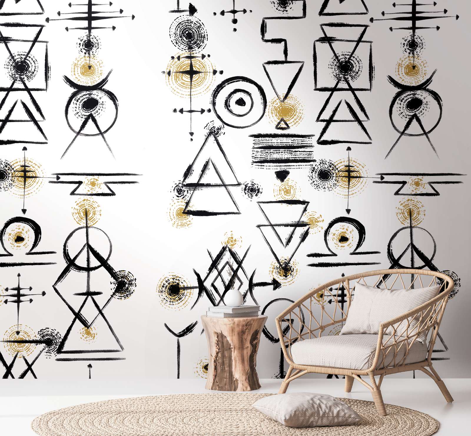             Tapete mit abstrakten Symbolen auf hellem Hintergrund – Weiß, Schwarz, Gold
        