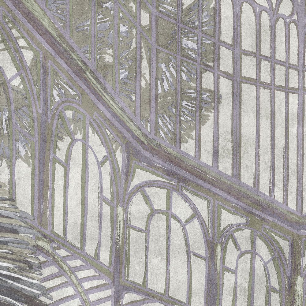             Fototapete »orangerie 1« - Pavillon mit Jungle-Blättern auf Vintage-Putzstruktur – Grün, Grau | Glattes, leicht perlmutt-schimmerndes Vlies
        