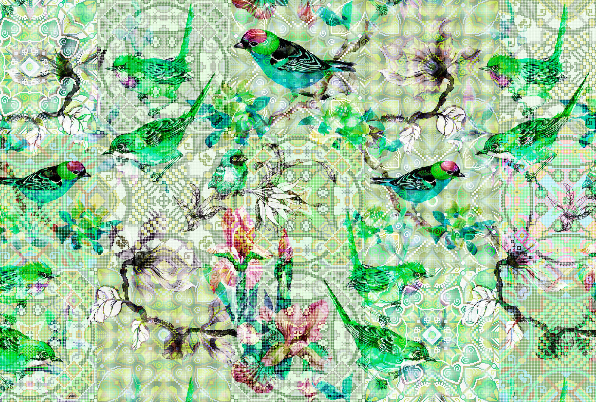             Vogel Fototapete Grün mit Mosaik Muster – Grün, Rosa
        