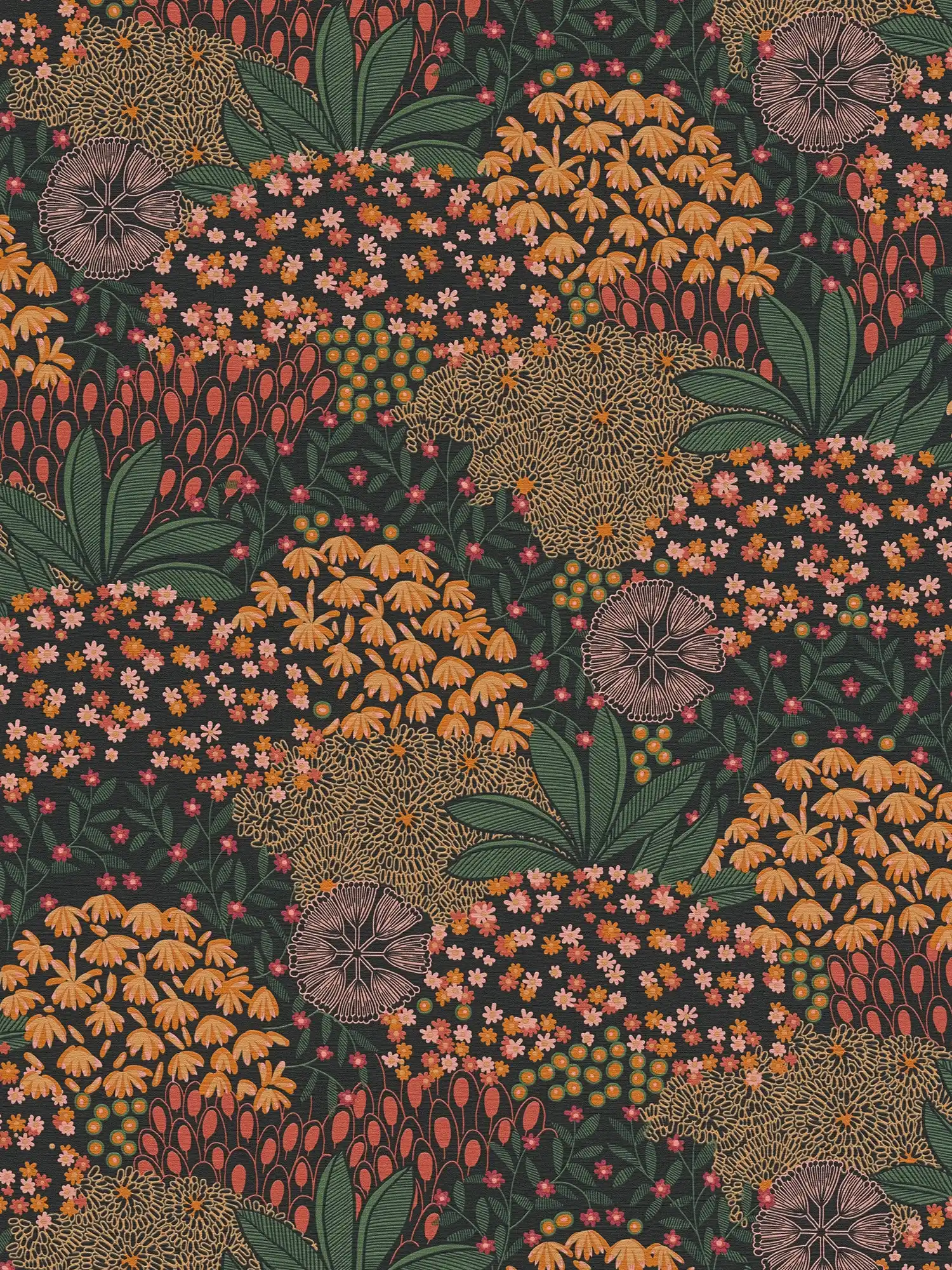         Tapete mit Vintage Blumendesgin – Schwarz, Grün, Orange
    