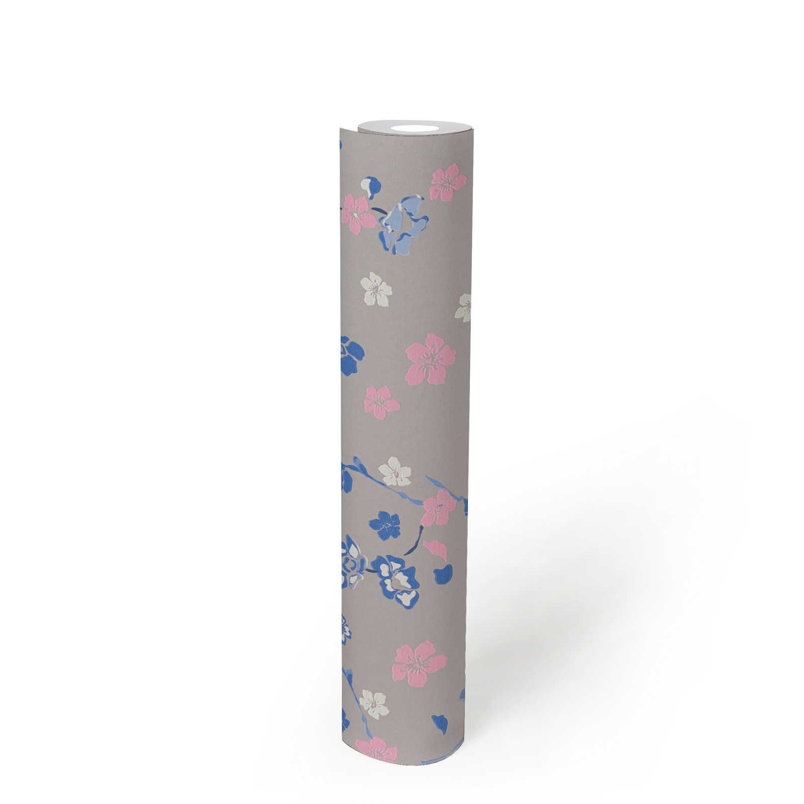            Blumenmuster Tapete mit Glanzeffekt – Grau, Blau, Rosa
        
