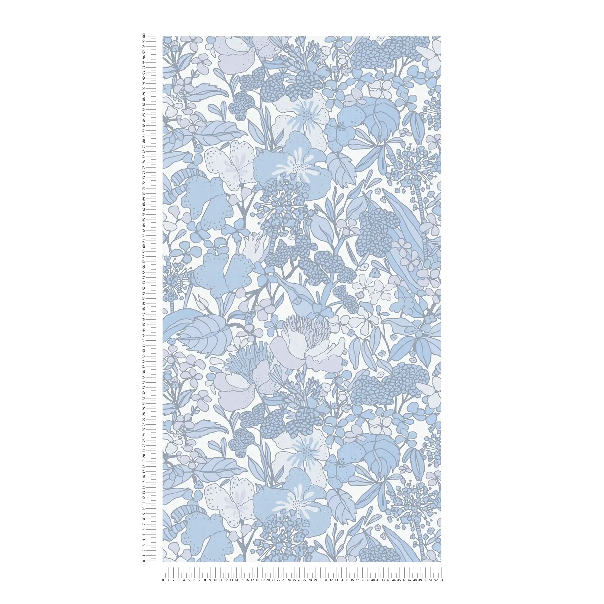             Tapete Blau & Weiß mit 70er Retro Blumenmuster – Grau, Blau, Weiß
        