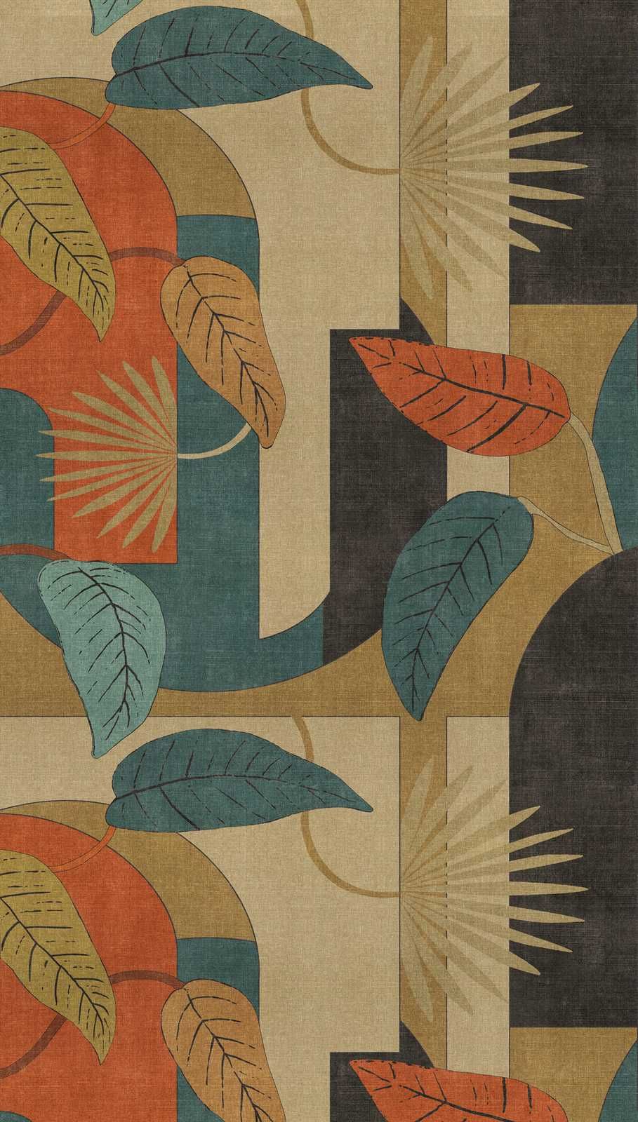             Abstrakte Vliestapete mit Blättern und grafischen Mustern – Beige, Blau, Rot
        