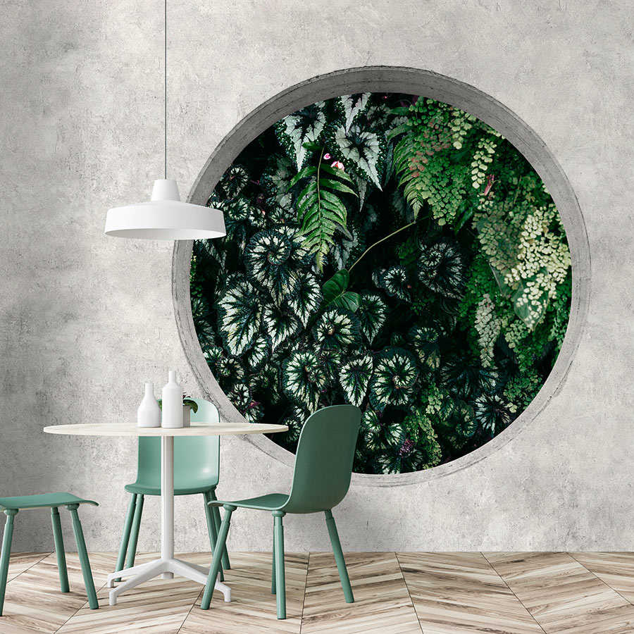 Deep Green 1 – Fototapete Fenster Rund mit Dschungel Pflanzen
