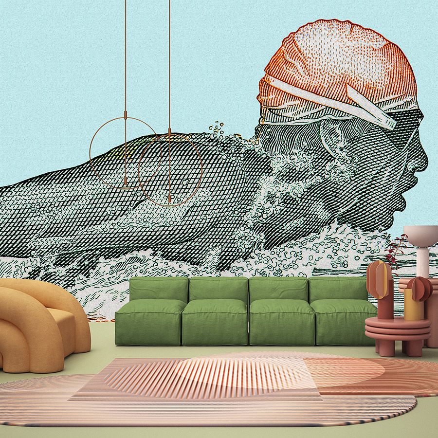 Fototapete »aquaman« - Schwimmer im Pixel Design – petrol mit Kraftpapier-Struktur | Mattes, Glattes Vlies
