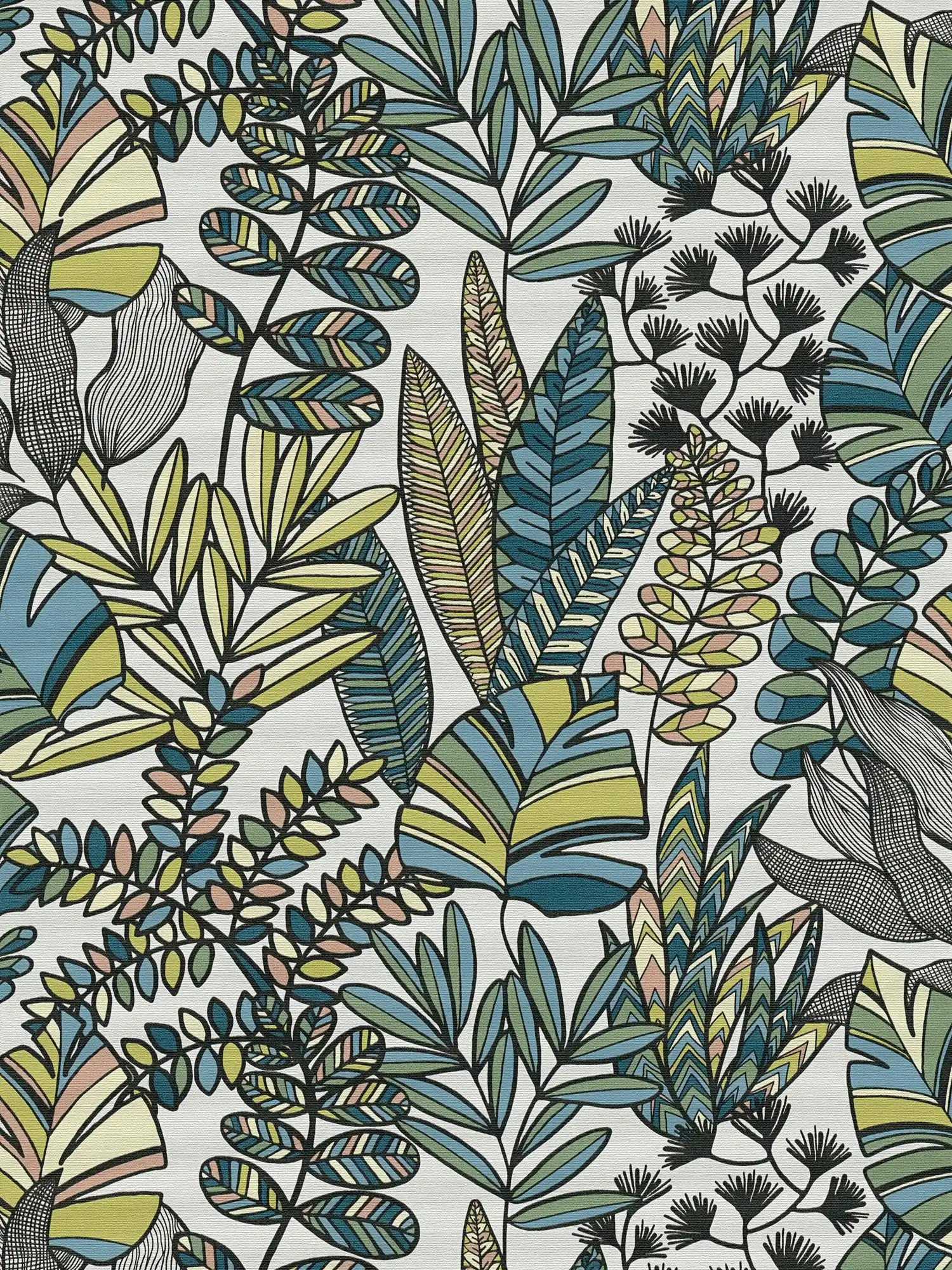 Vliestapete mit großen Blättern in kräftigen Farben – Weiß, Schwarz, Blau
