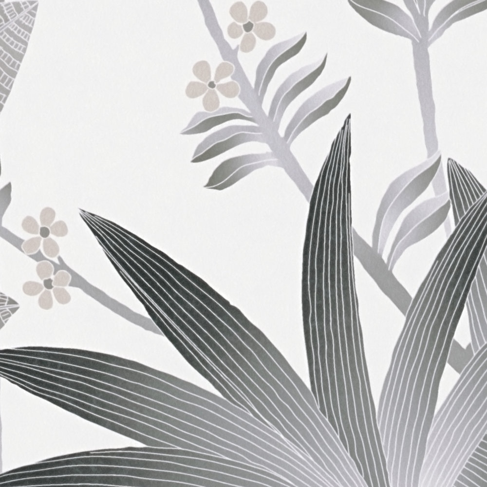             Florale Vliestapete mit Blättermuster – Grau, Schwarz, Weiß
        