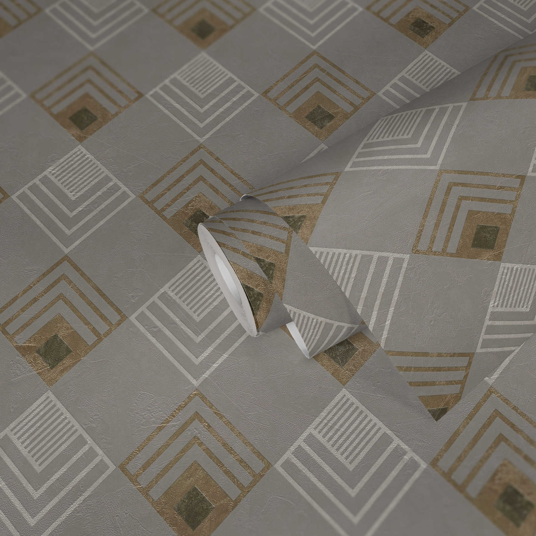             Vliestapete Art Déco Muster, Metallic-Effekt – Grau, Beige, Weiß
        