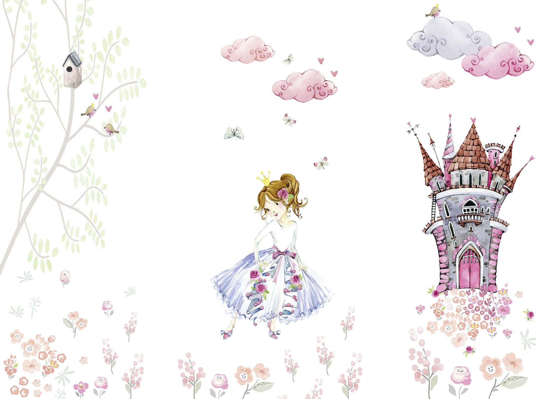             Fototapete mit Prinzessin im Schlossgarten Kinderzimmer – Rosa, Weiß, Grün
        