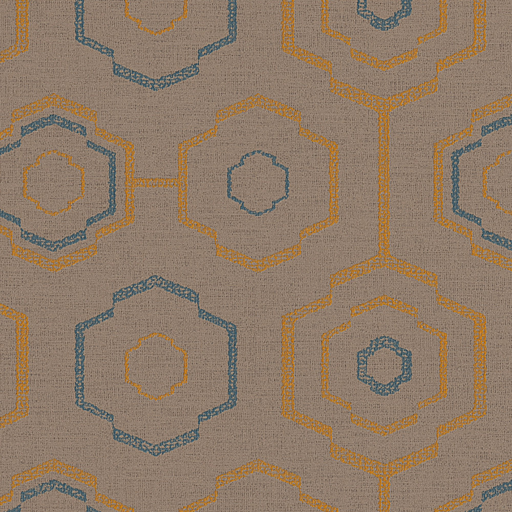             Tapete indigenes Textilmuster mit geometrischem Design – Braun, Blau, Orange
        