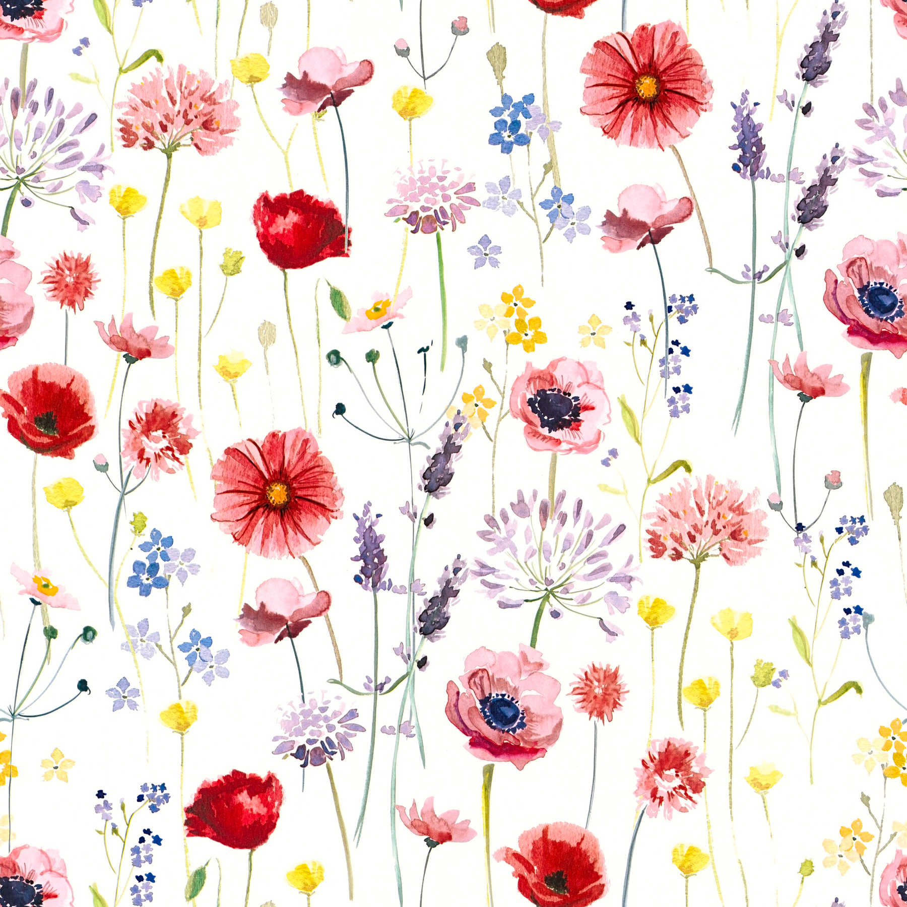         Blumen Papiertapete Blüten Aquarell – Bunt, Weiß
    