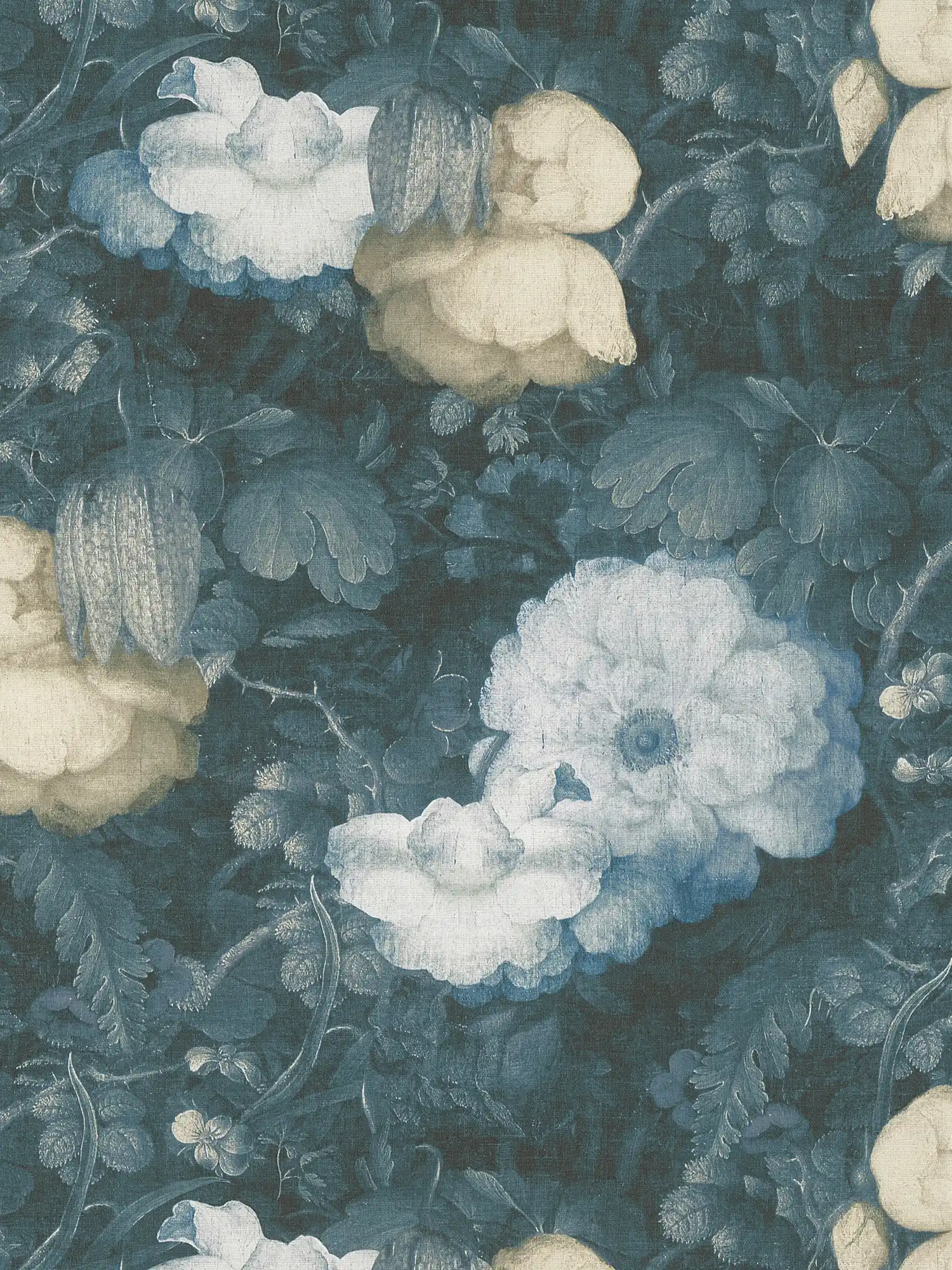         Blumentapete im Gemälde Stil, Leinwandoptik – Blau, Grün, Gelb
    