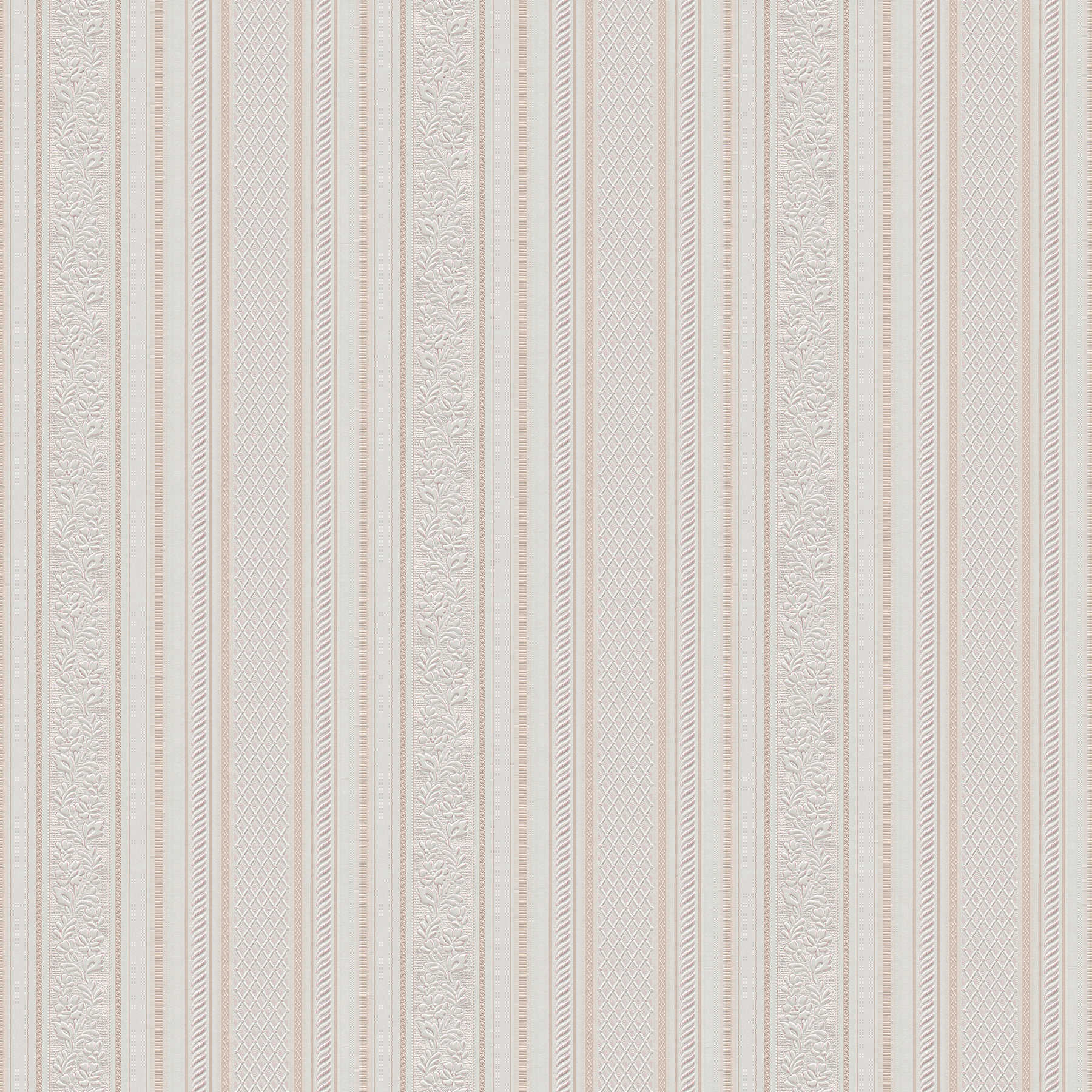 Streifentapete mit Designornamenten Biedermeier Stil – Beige, Creme, Weiß
