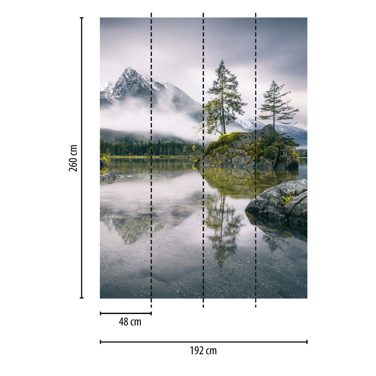            Fototapete schmal See mit Bergen – Grau, Grün, Weiß
        
