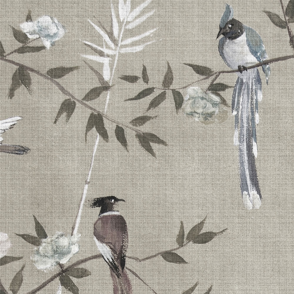             Tea Room 2 – Fototapete Vögel & Blüten Design in Greige
        