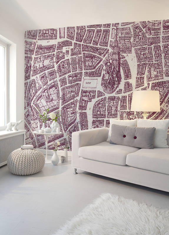             Fototapete historischer Stadtplan Vintage-Style – Violett, Weiß
        