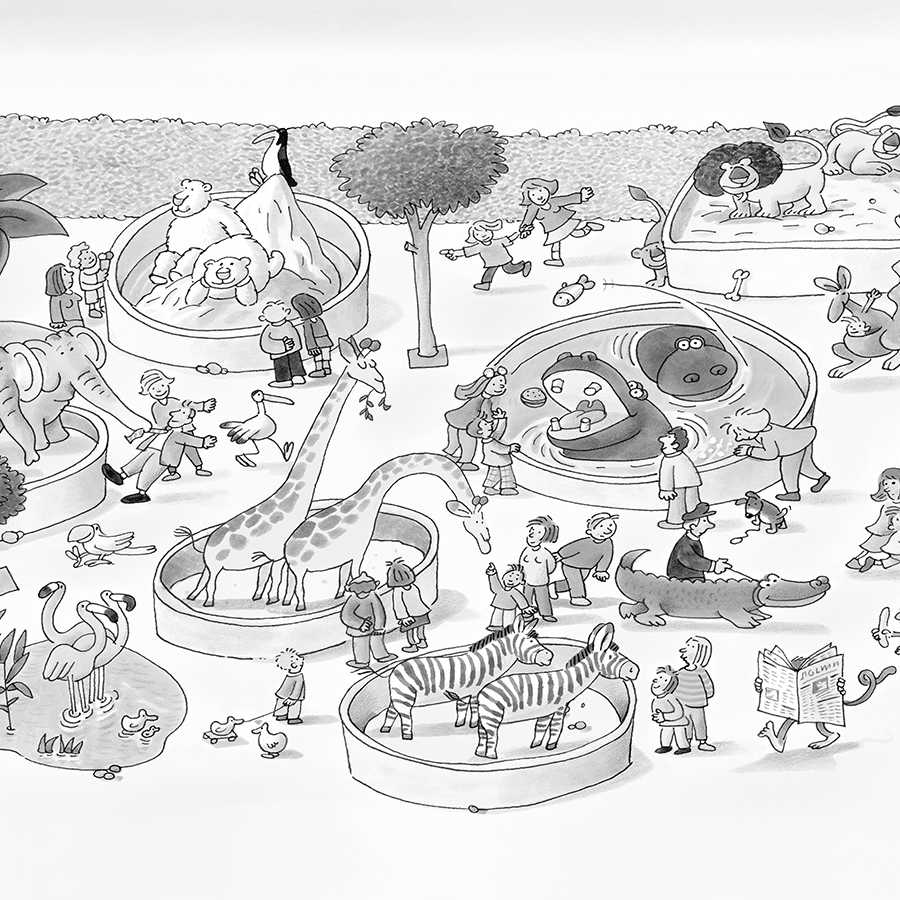 Kinder Fototapete Zoo Zeichnung in Schwarz Weiß auf Perlmutt Glattvlies

