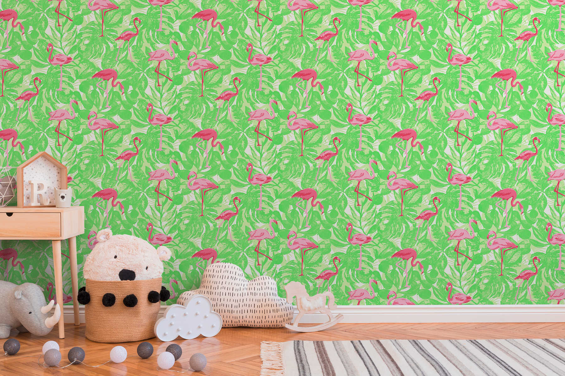             Tropische Tapete mit Flamingo & Blättern – Rosa, Grün
        
