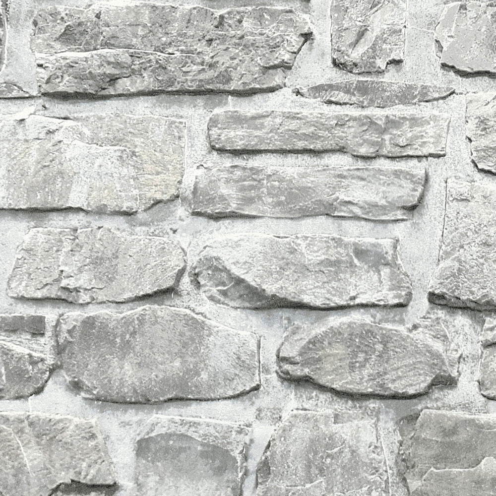             Steinoptik Tapete mit Natursteinmauer – Grau, Weiß
        